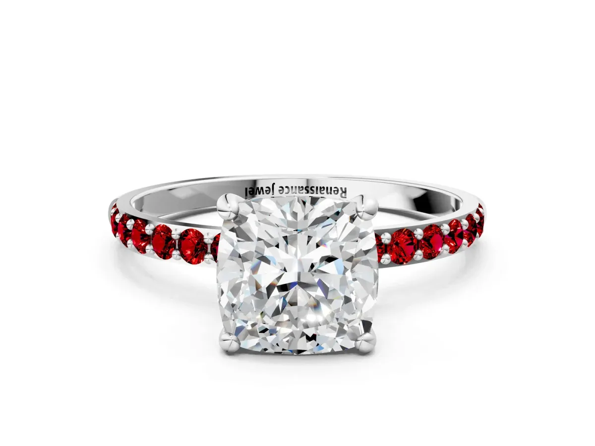 Cushion Cut Diamond Solitaire Ring with Round Ruby Pavé Band and Prong Setting White gold