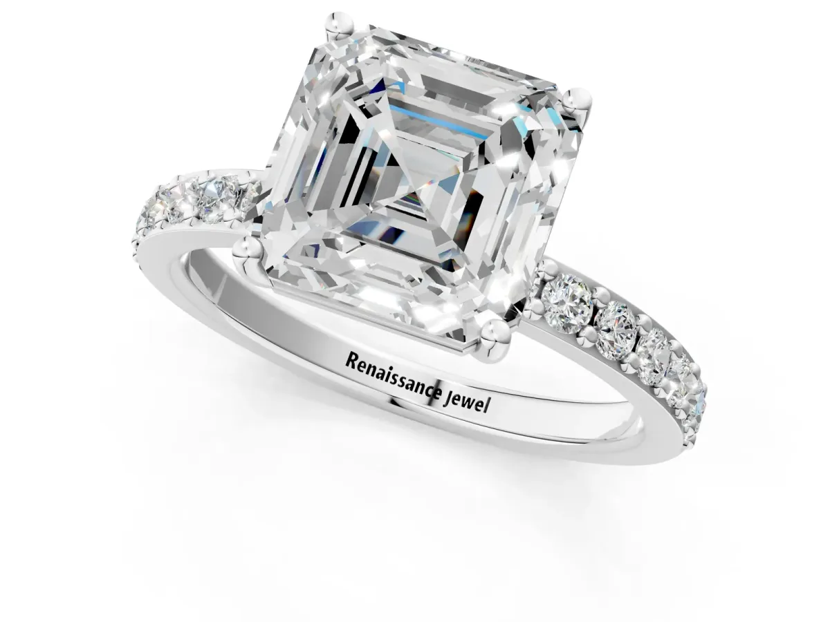 Asscher Cut Cut Diamond Solitaire with Pave Band and Four-Prong Setting Platinum