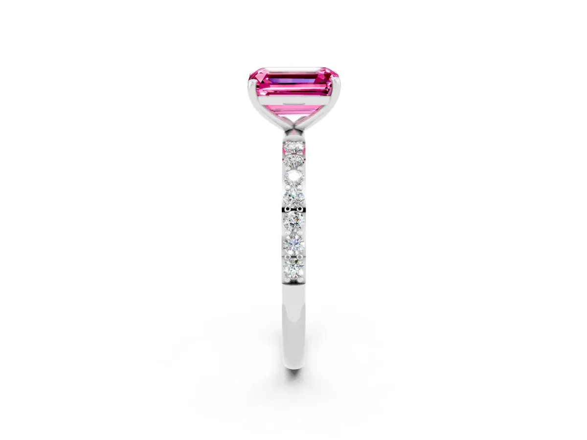 Emerald Cut Pink Sapphire Solitaire Ring with Round Pavé Band and Prong Setting Platinum