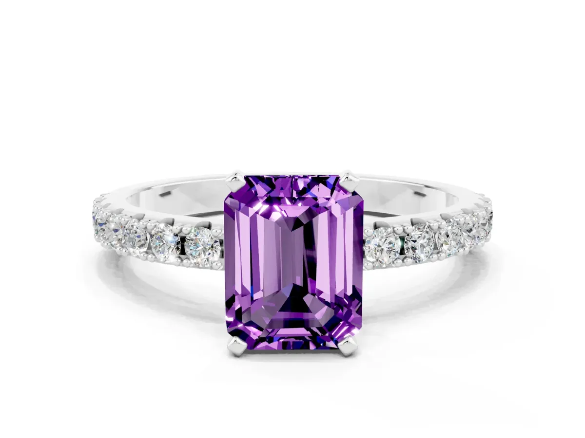 Emerald Cut Amethyst Solitaire Pavé Band with Four-Prong Setting Platinum
