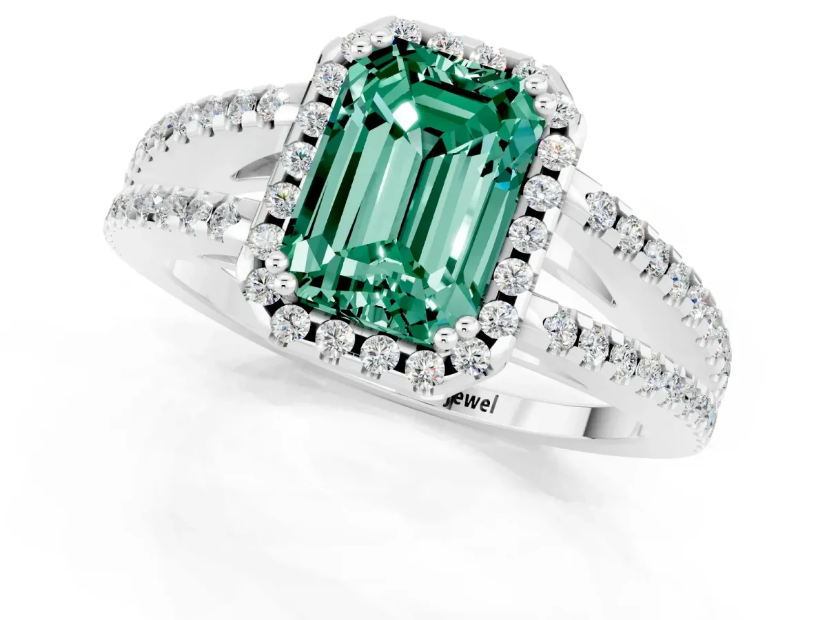 Emerald Cut Green Sapphire Halo Split Shank Engagement Ring Platinum