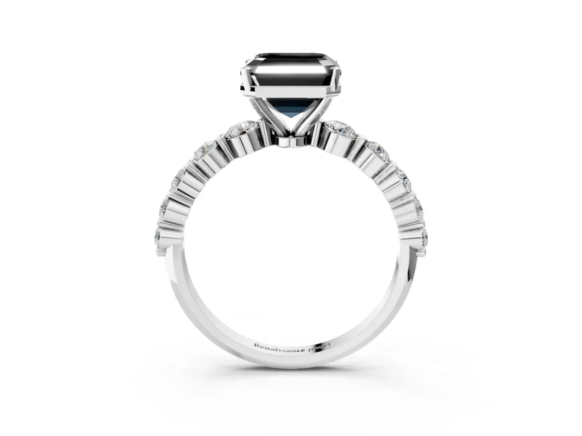 Fancy Black Asscher Cut Solitaire Diamond Ring with Pave Band and Four-Prong Setting Silver