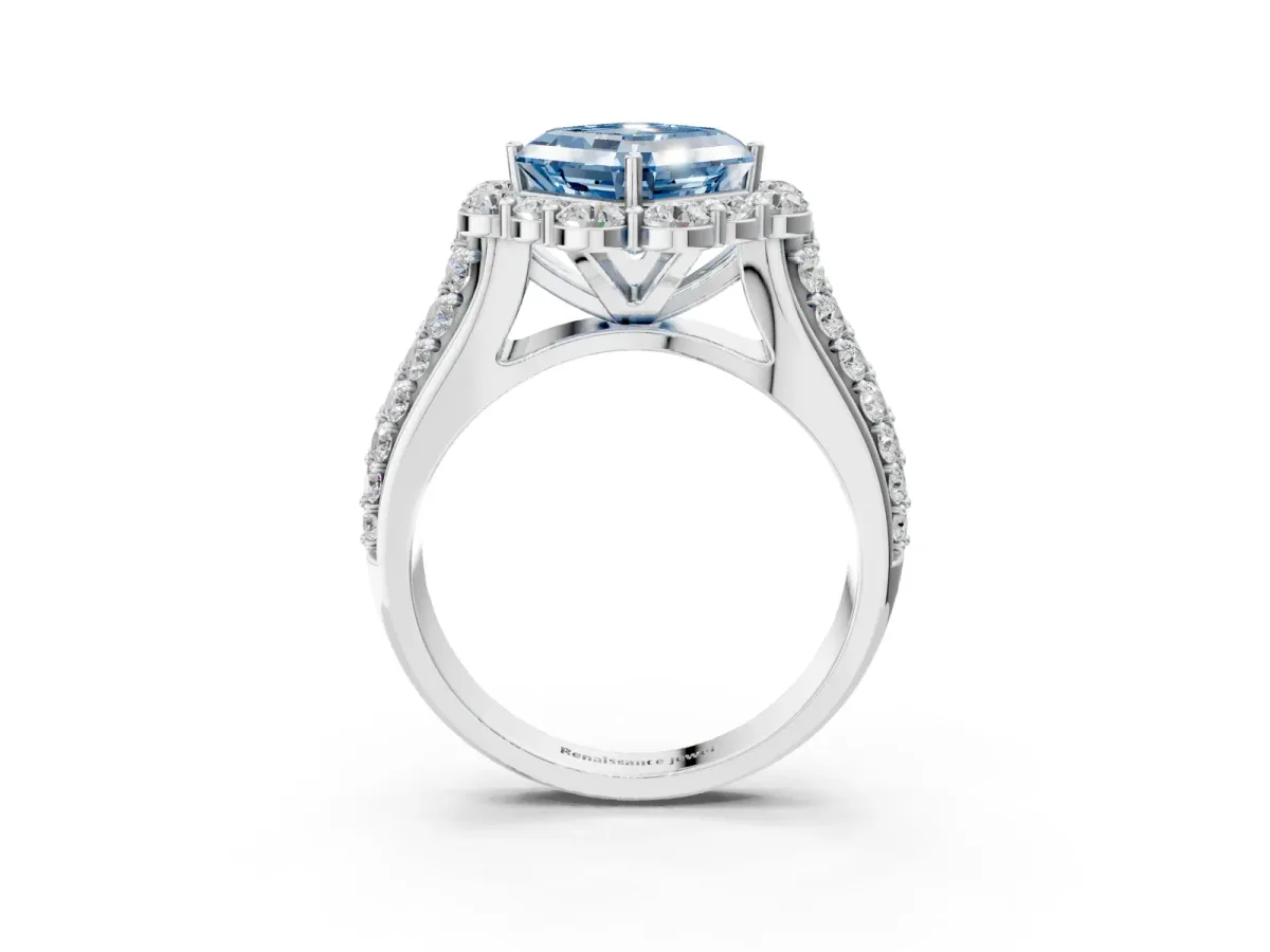 Fancy Blue Asscher Cut Halo Diamond Engagement Ring with Split Shank and Prong Setting Platinum