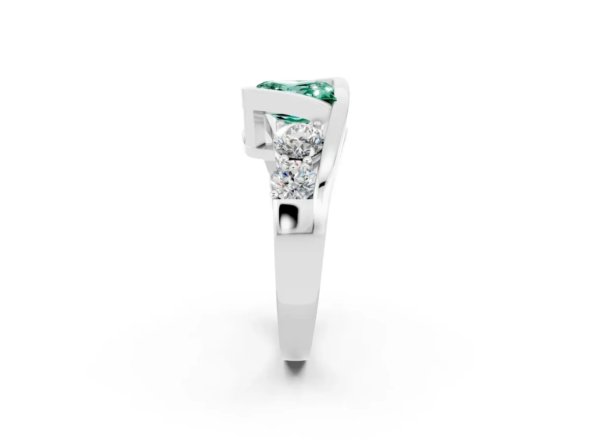 Bezel Set Princess Cut Green Sapphire Bypass Ring with Round Accents Silver