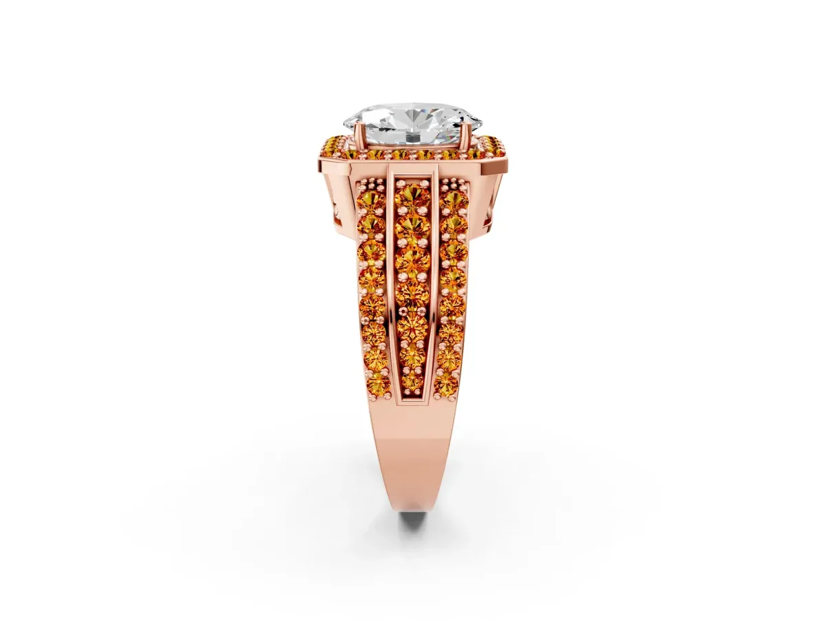 Oval Cut Halo Diamond Ring with Round Citrine Split Shank and Prong Setting Rose gold