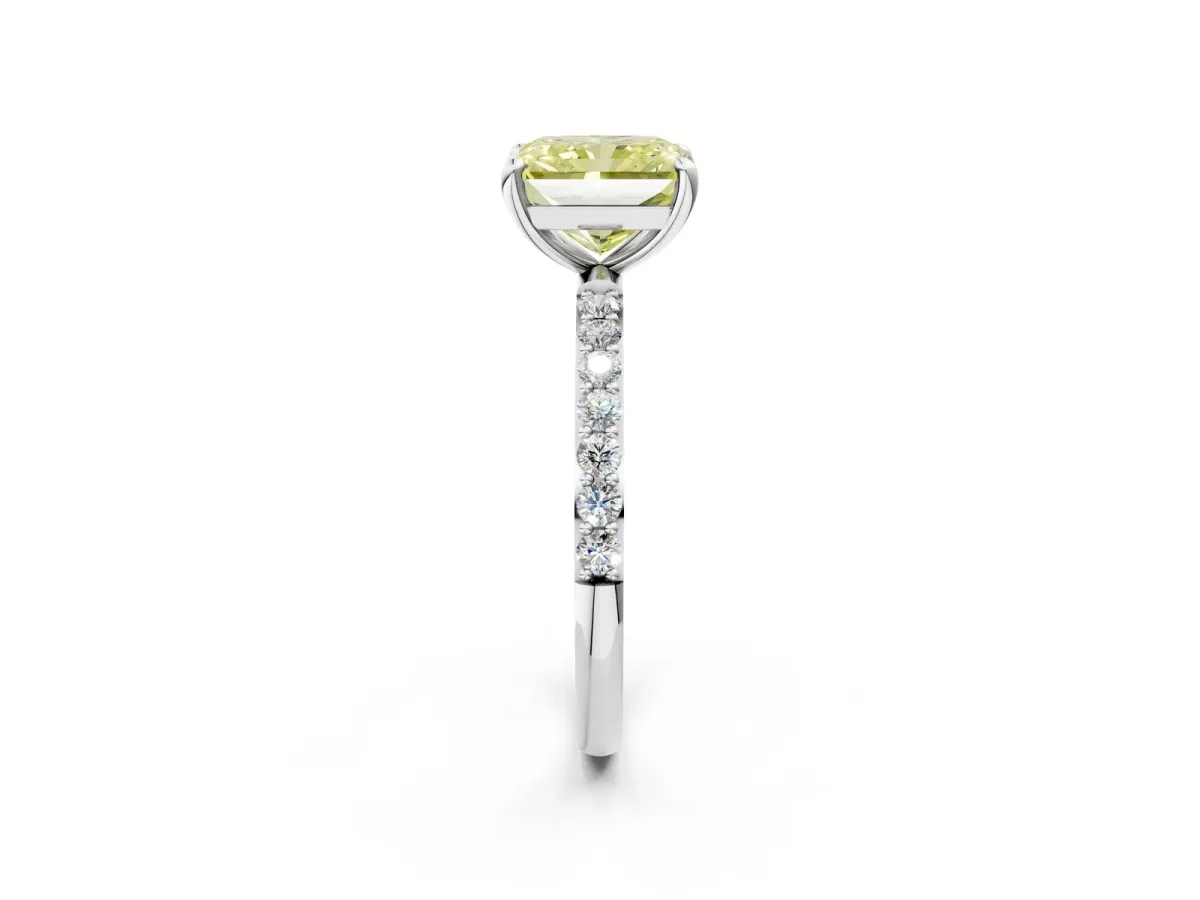 Fancy Yellow Radiant Cut Diamond Solitaire Ring with Round Pavé Band and Prong Setting Silver