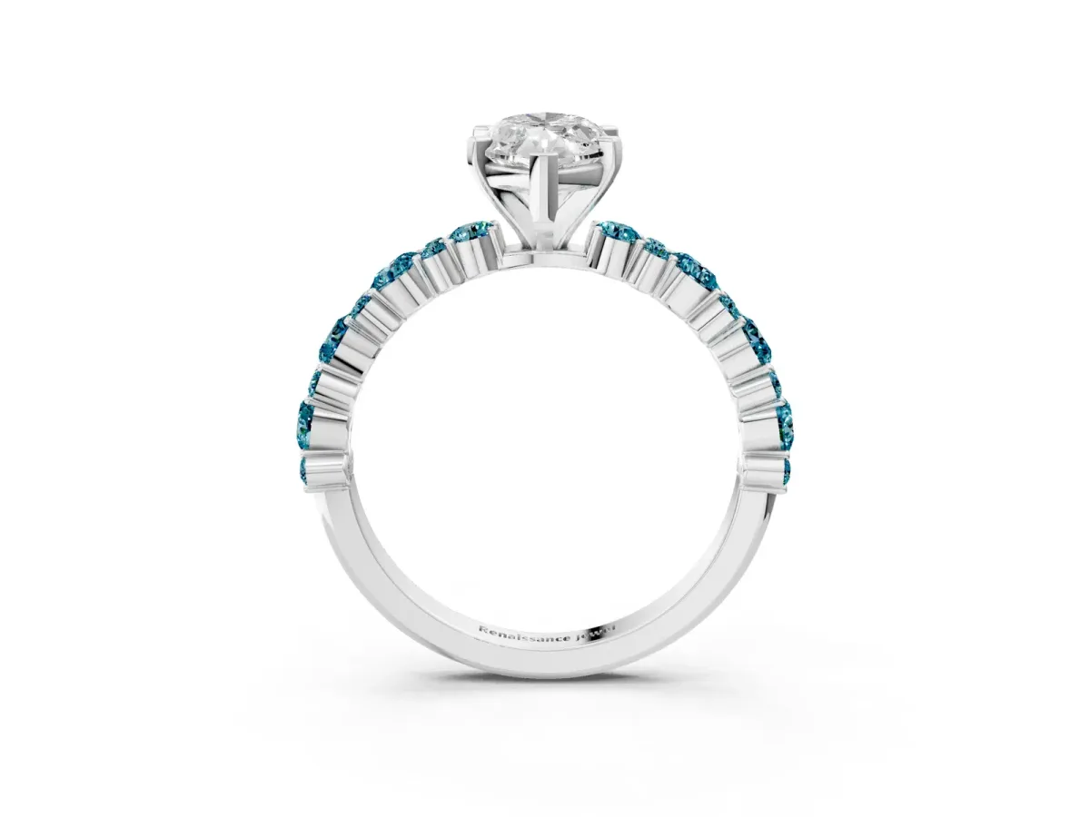 Marquise Cut Diamond Side Stone Solitaire Ring with Round Blue Topaz and Four-Prong Setting Silver