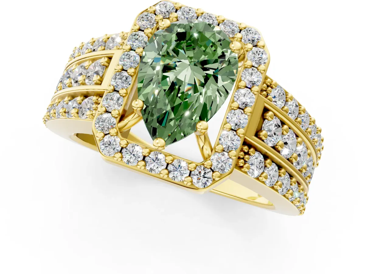 Fancy Green Pear Cut Halo Diamond Ring with Round Split Shank and Prong Setting Yellow gold