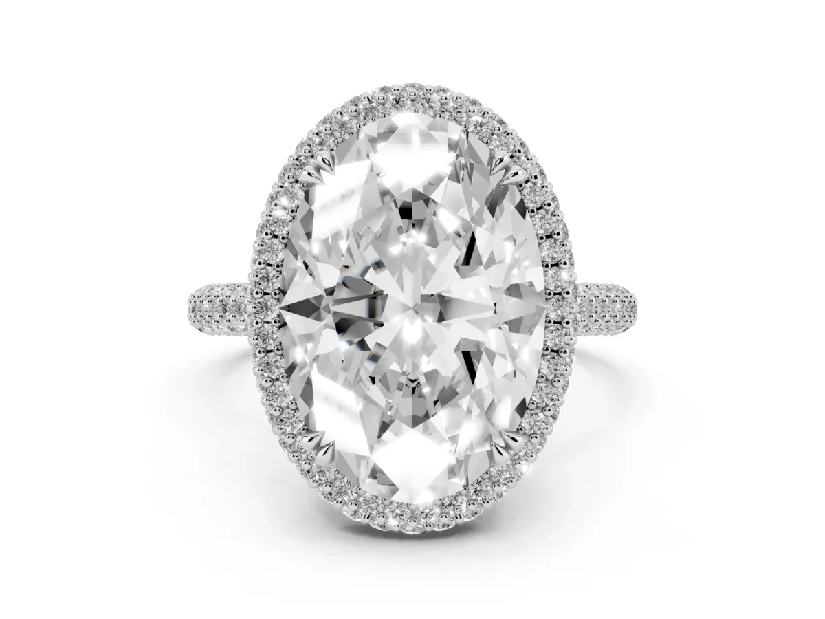 Oval Diamond Halo Ring with Round Diamond Accents Silver