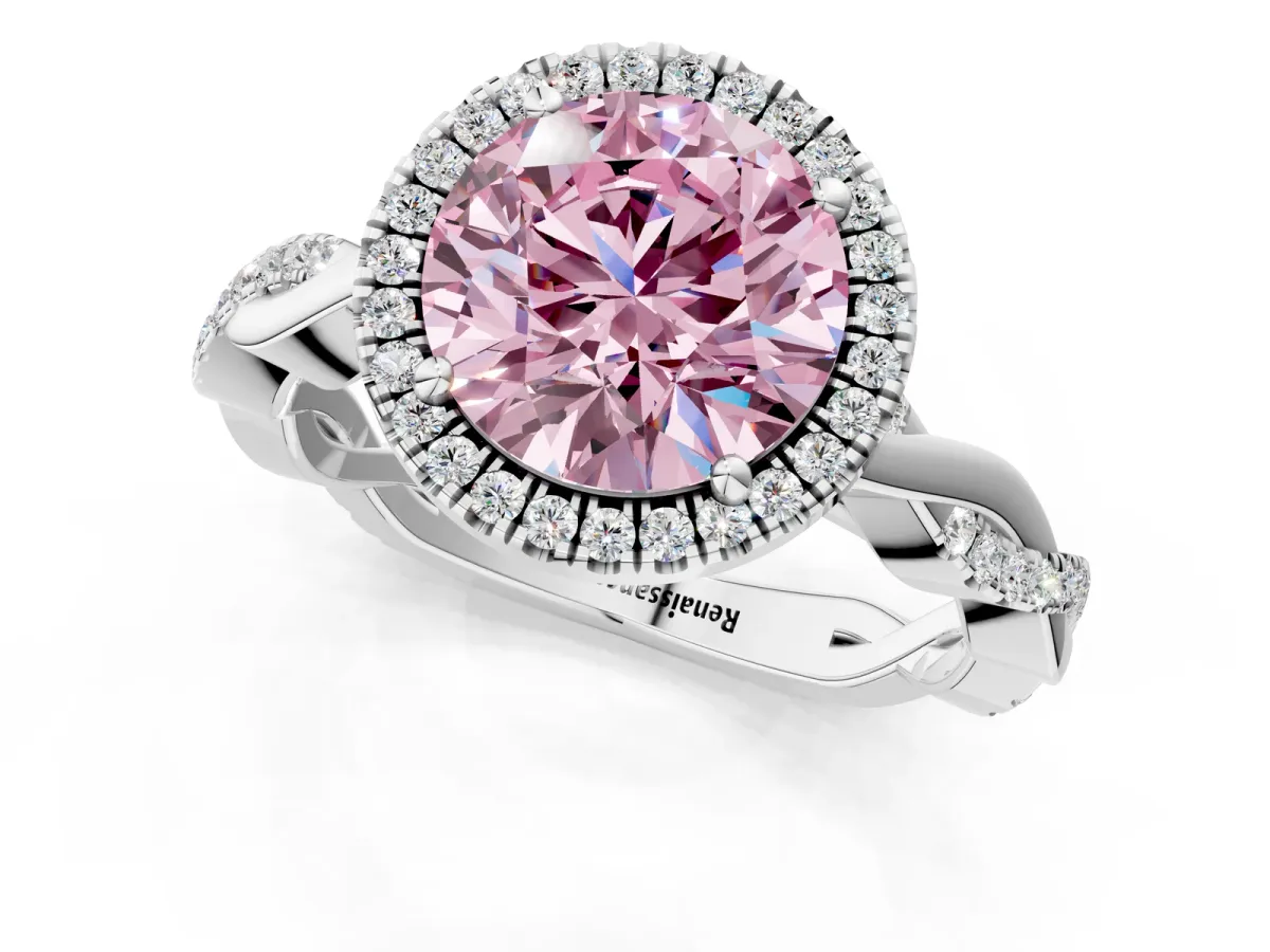 Fancy Pink Round Cut Cut Halo Twisted Band Four-Prong Ring Platinum