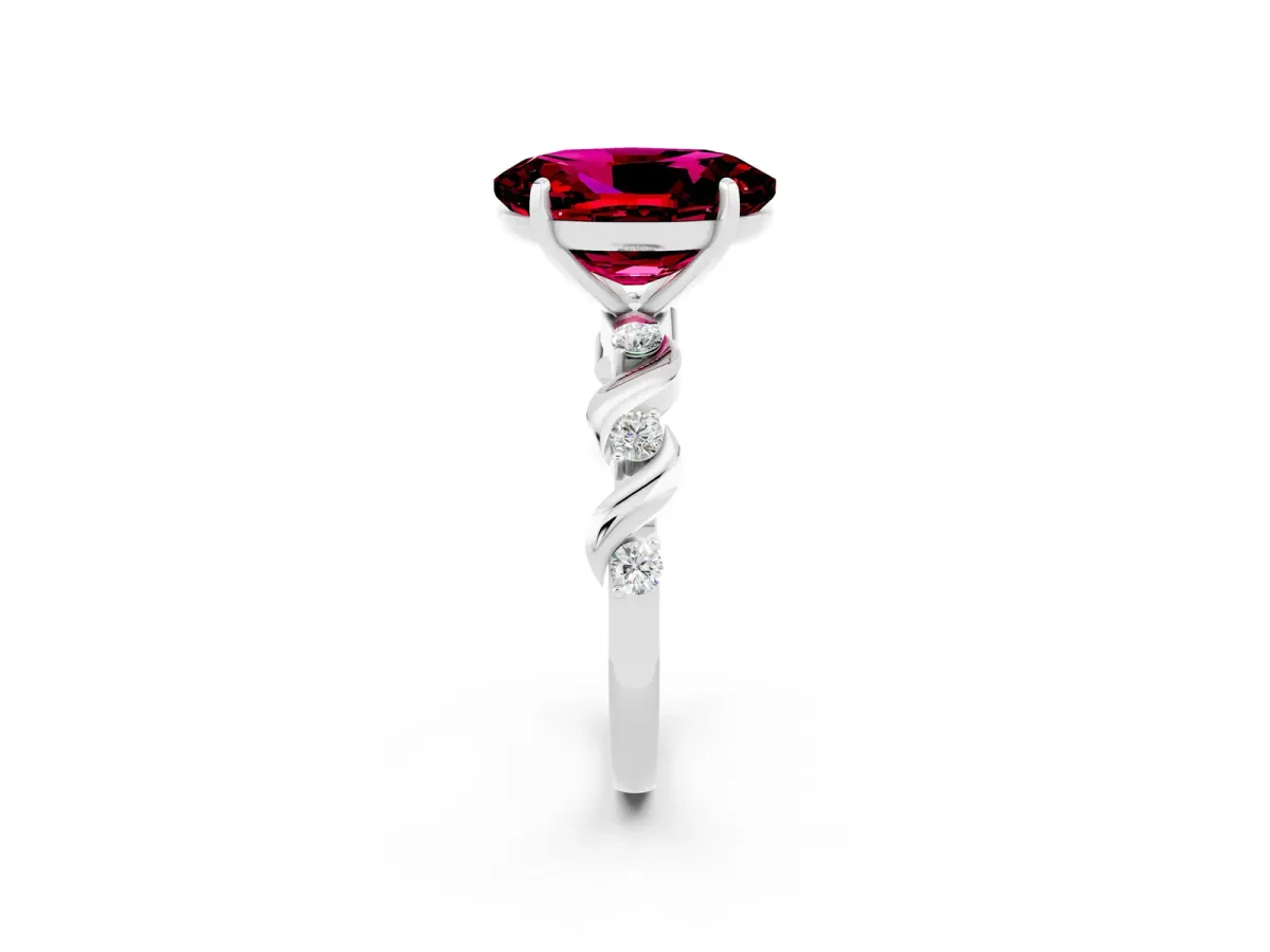 Oval Cut Garnet Solitaire Twisted Band with Round Accents and Prong Setting Silver