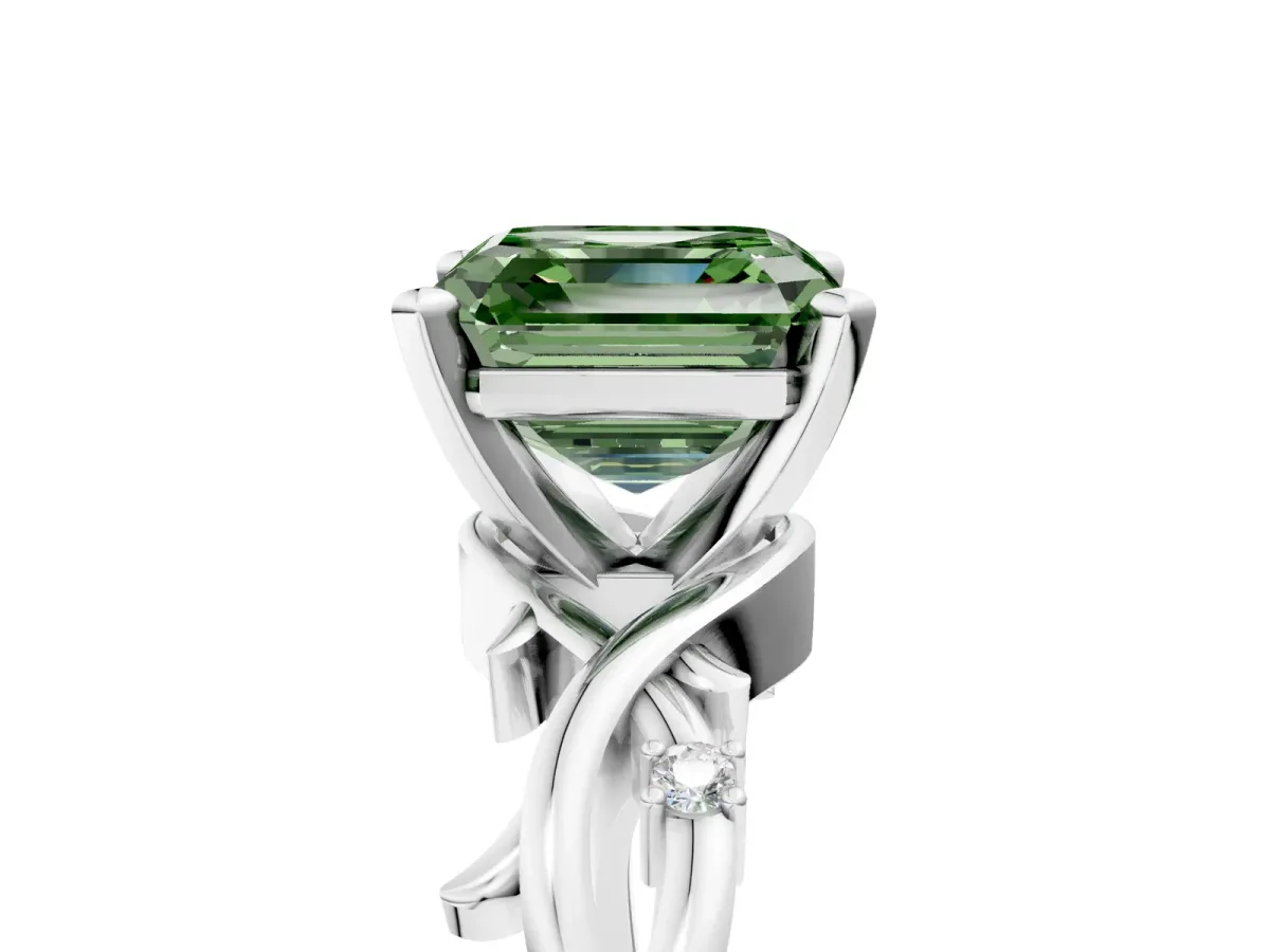 Fancy Green Asscher Cut Diamond Solitaire Ring with Twisted Band and Prong Setting Platinum