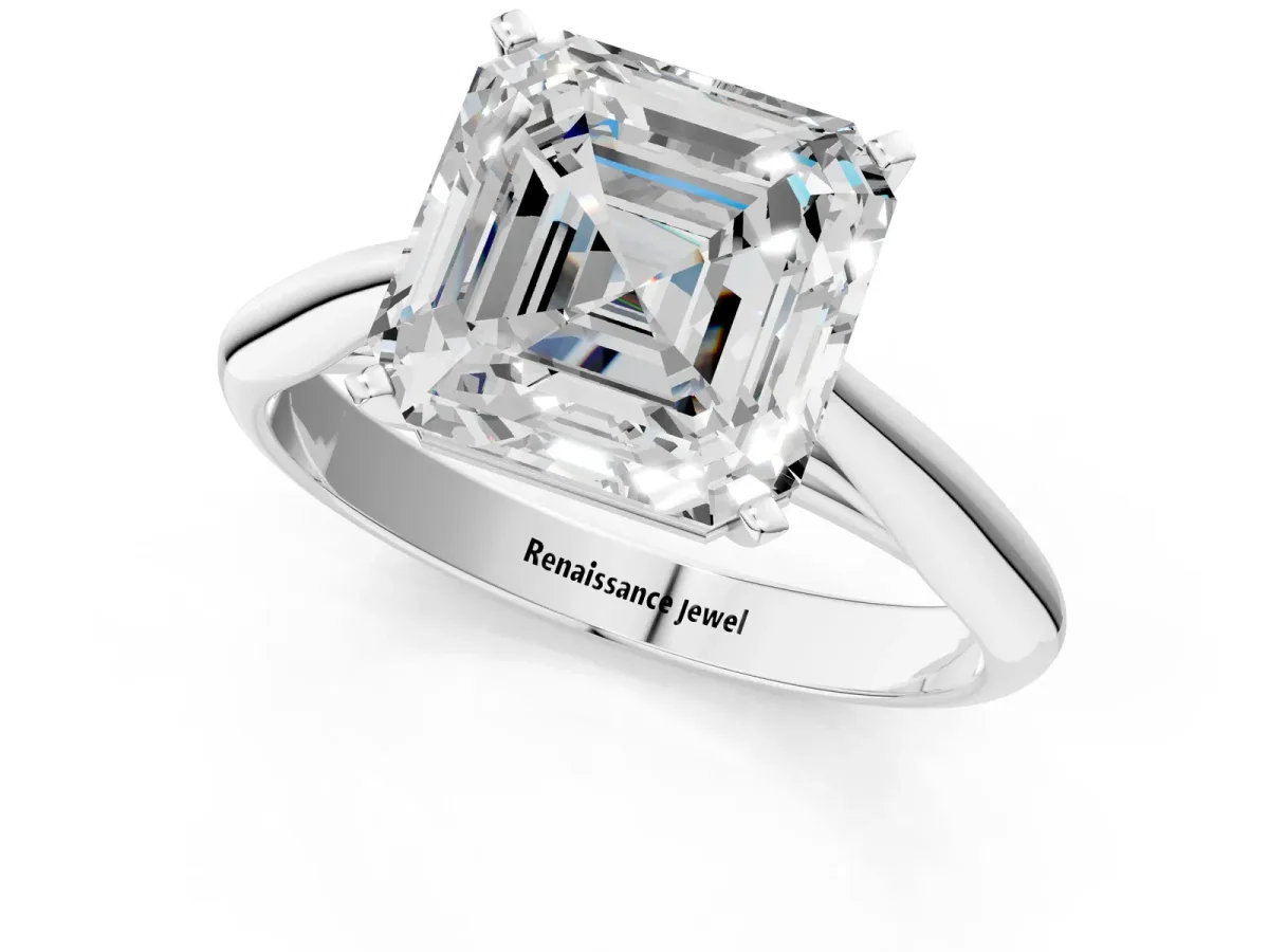 Asscher Cut Diamond Solitaire Engagement Ring with Cathedral Setting and Four-Prong Mount White gold