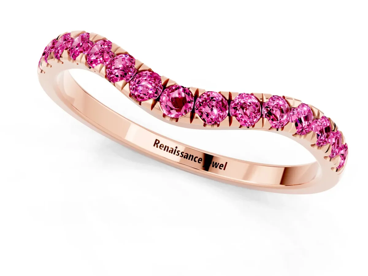 Curved Pavé Round Pink Sapphire Wedding Band with Shared Prong Setting Rose gold
