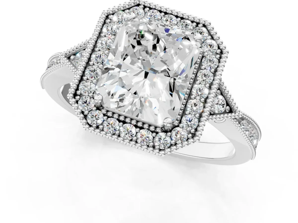 Radiant Cut Halo Round Diamond Milgrain Pave Engagement Ring Platinum