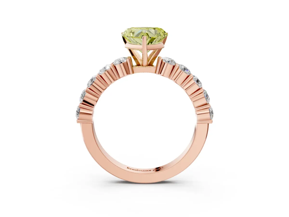 Fancy Yellow Heart Cut Diamond Solitaire Ring with Shared Prong Round Side Stones Rose gold