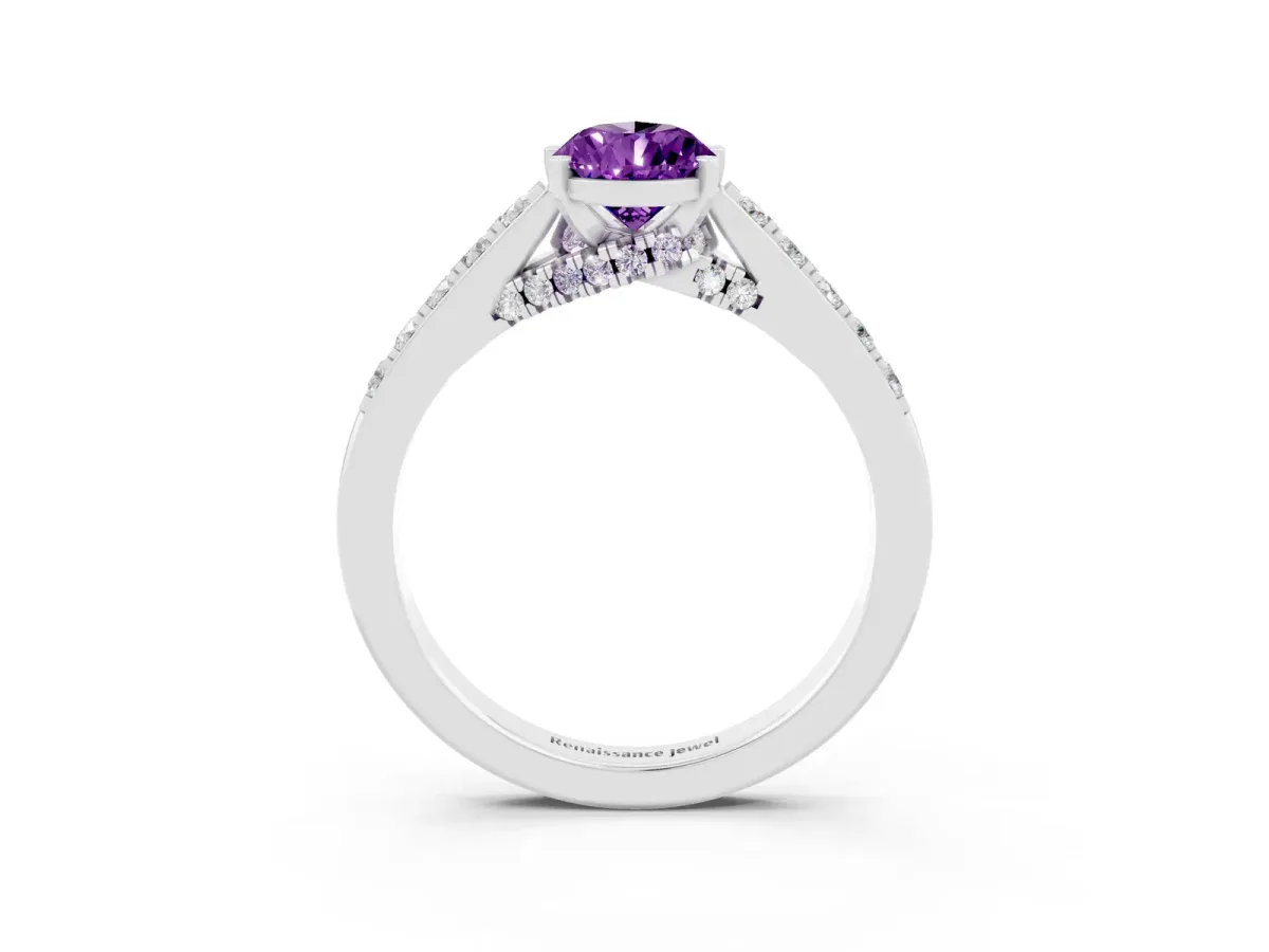 Pear Cut Amethyst Solitaire Ring with Crossover Gallery and Round Pavé Band Silver