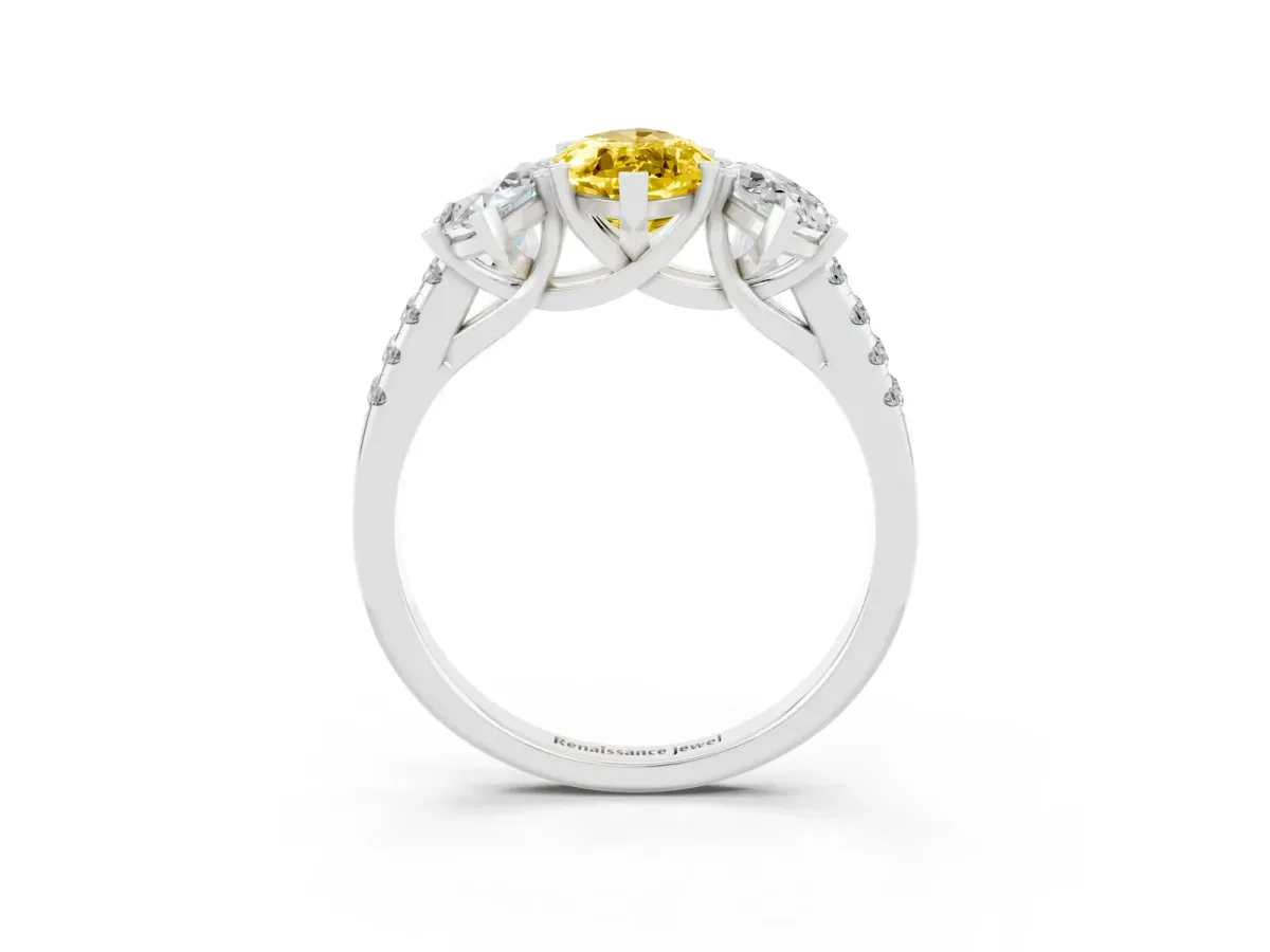Three-Stone Marquise Cut Yellow Sapphire Ring with Round Pavé Band and Prong Setting Silver