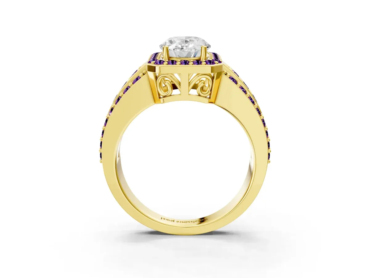 Oval Cut Halo Diamond Ring with Round Amethyst Split Shank and Prong Setting Yellow gold