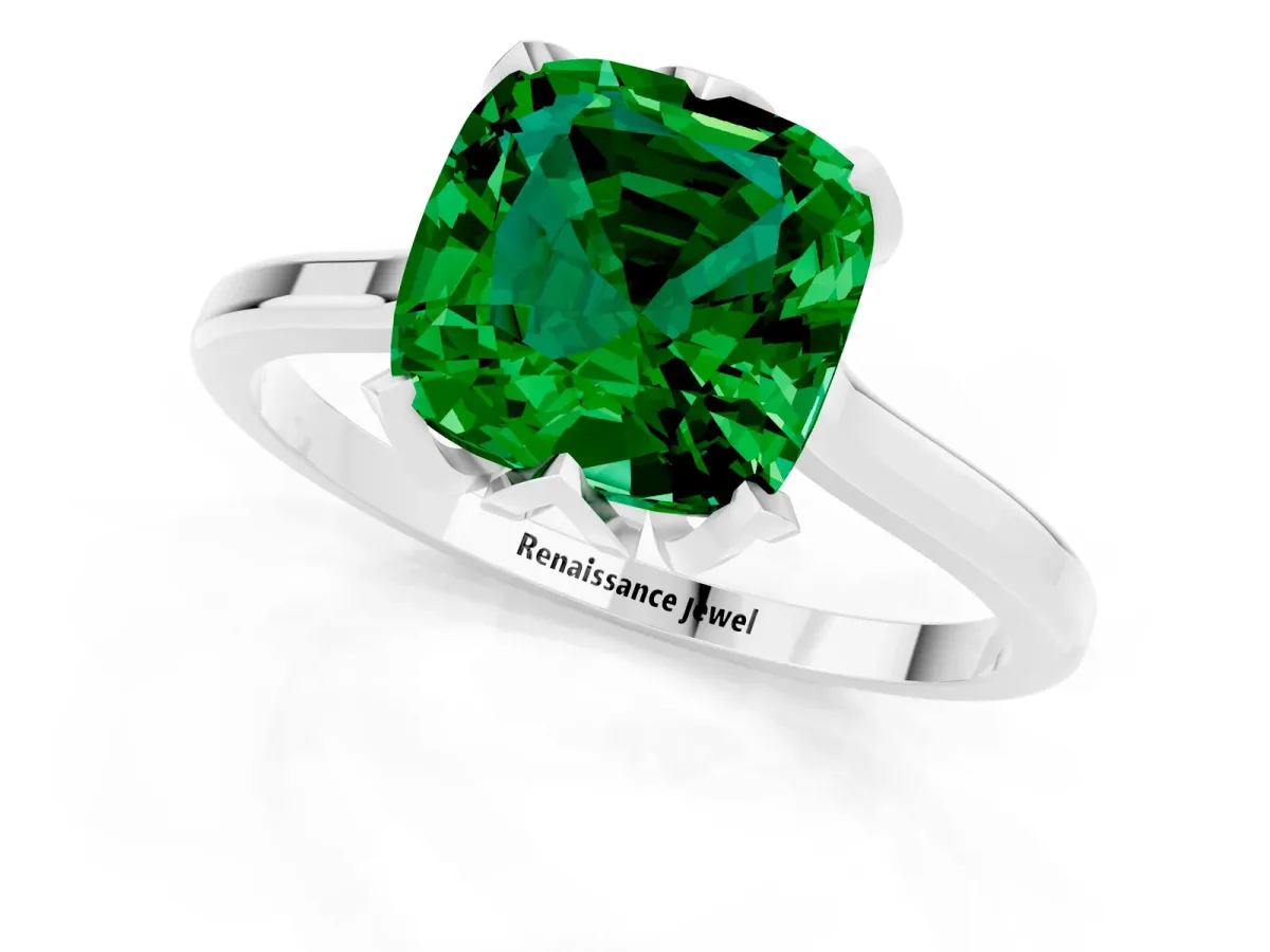 Cushion Cut Emerald Solitaire Ring with Flower Prong Setting and Classic Band White gold