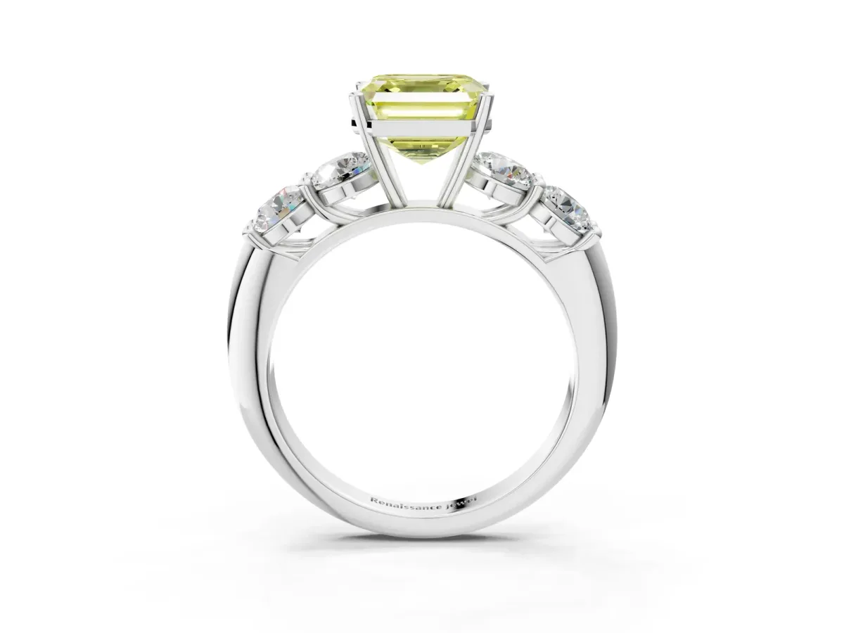 Fancy Yellow Asscher Cut Cut Five-Stone Prong Set Diamond Ring with Classic Band Platinum