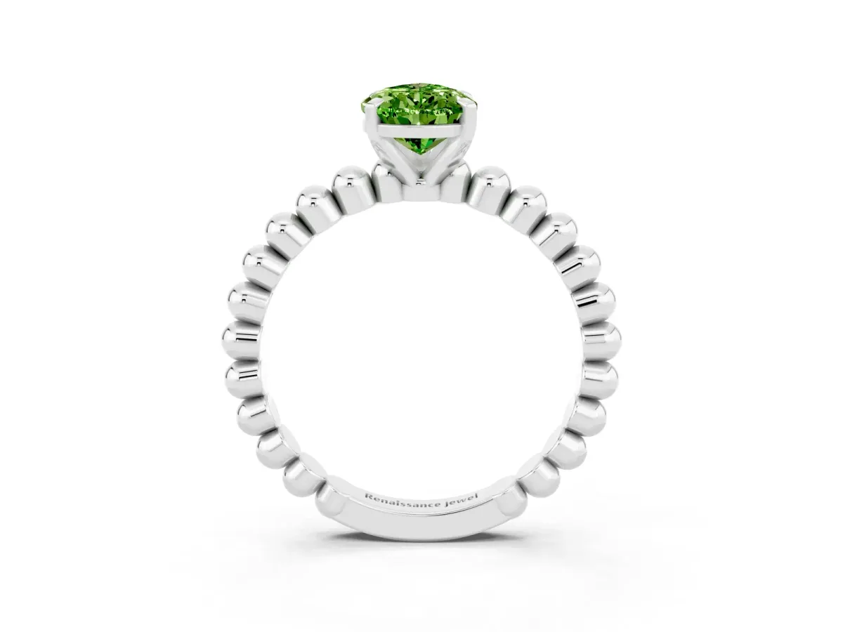 Pear Cut Peridot Solitaire Ring with Beaded Band and Prong Setting Silver