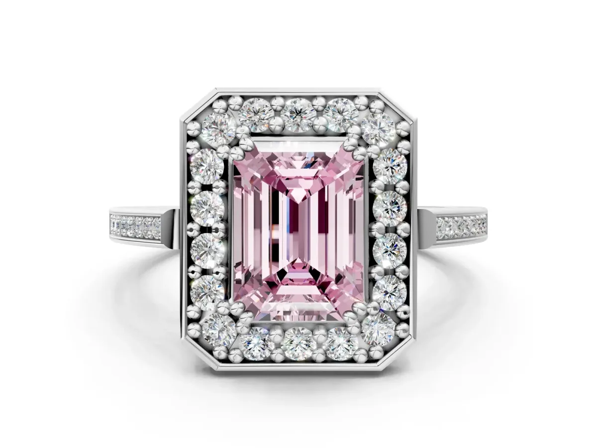Fancy Pink Emerald Cut Diamond Halo Ring with Split Shank and Four-Prong Setting White gold