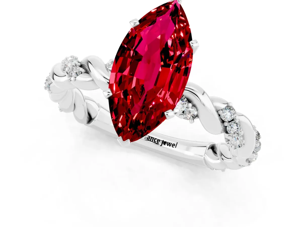 Marquise Cut Ruby Solitaire Ring with Twisted Band and Pavé Accents Platinum