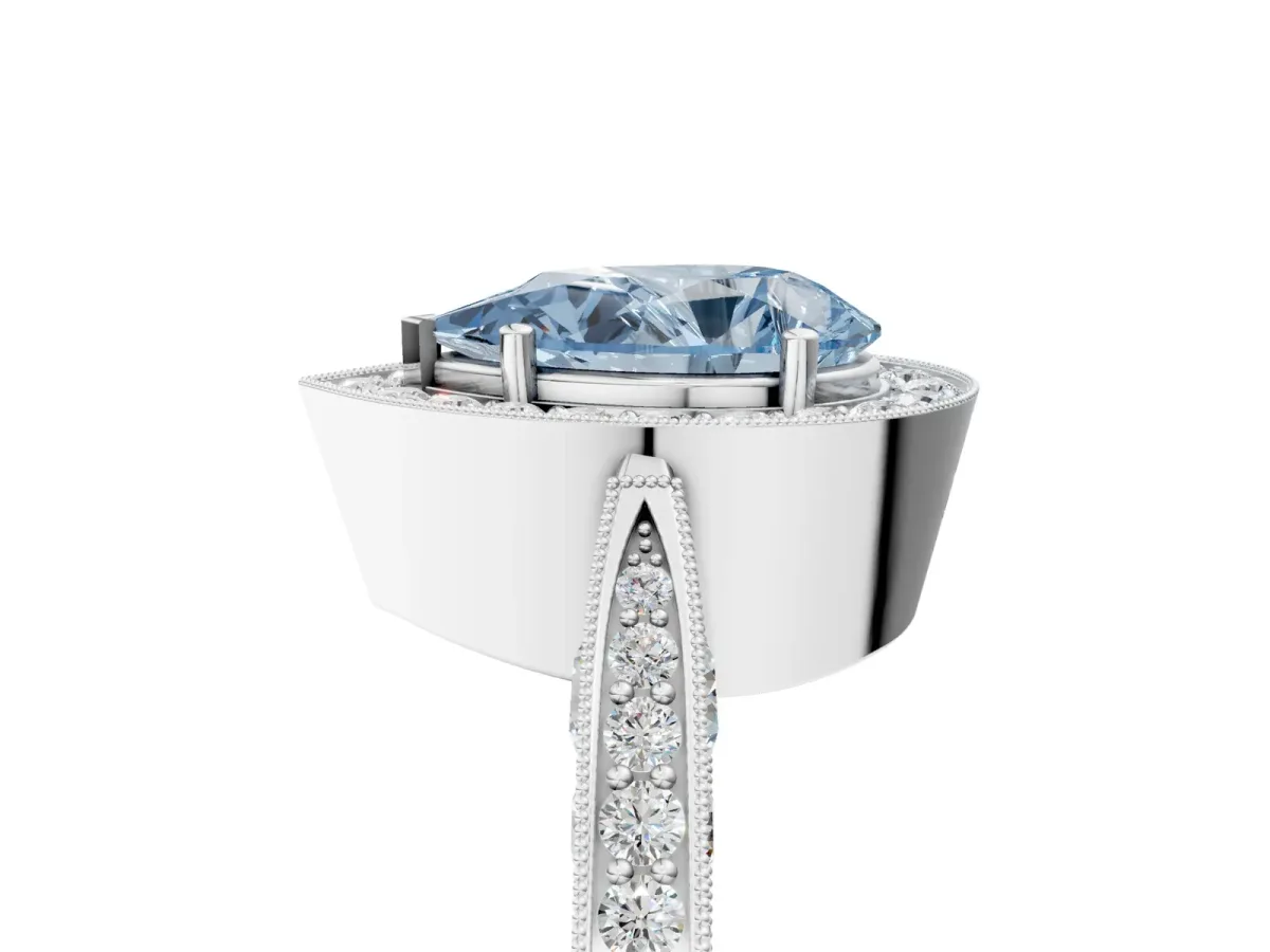 Fancy Blue Pear Cut Halo Diamond Engagement Ring with Split Shank Band and Four-Prong Setting Platinum