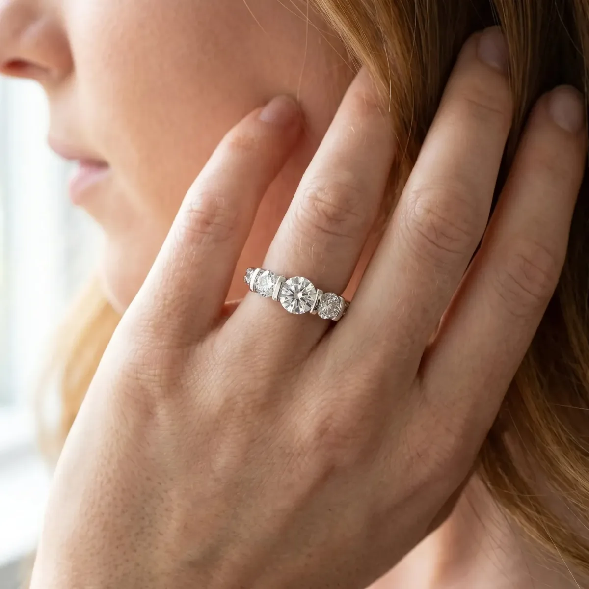 Round Cut Brilliant Trilogy Channel Set Diamond Ring with Bar Prongs Platinum