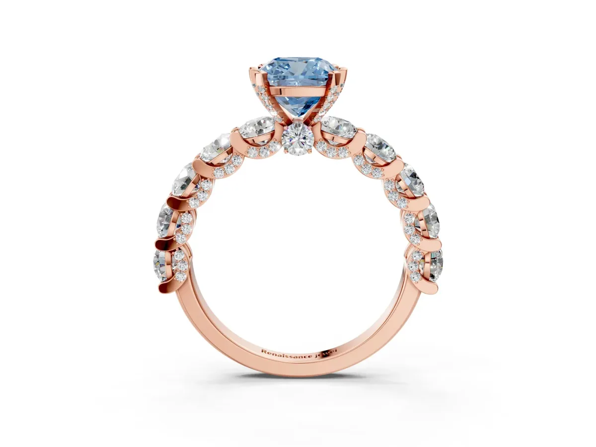 Fancy Blue Cushion Cut Diamond Side Stone Engagement Ring with Four-Prong Setting Rose gold
