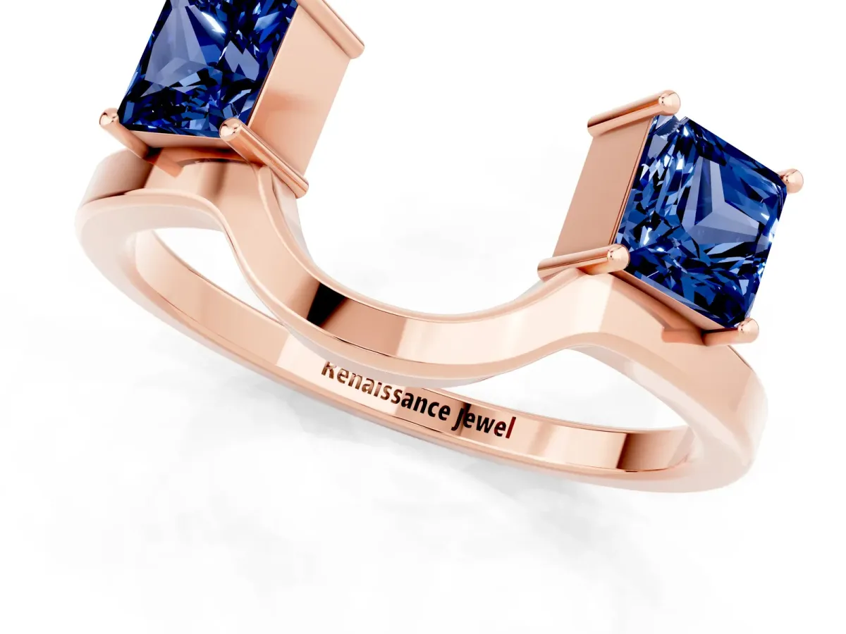 Princess Cut Blue Sapphire Two-Stone Open Band Ring with Four-Prong Setting Rose gold