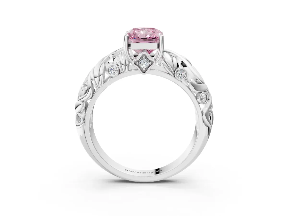 Fancy Pink Radiant Cut Solitaire Diamond Leaf-Inspired Vine Band Ring with Prong Setting Platinum