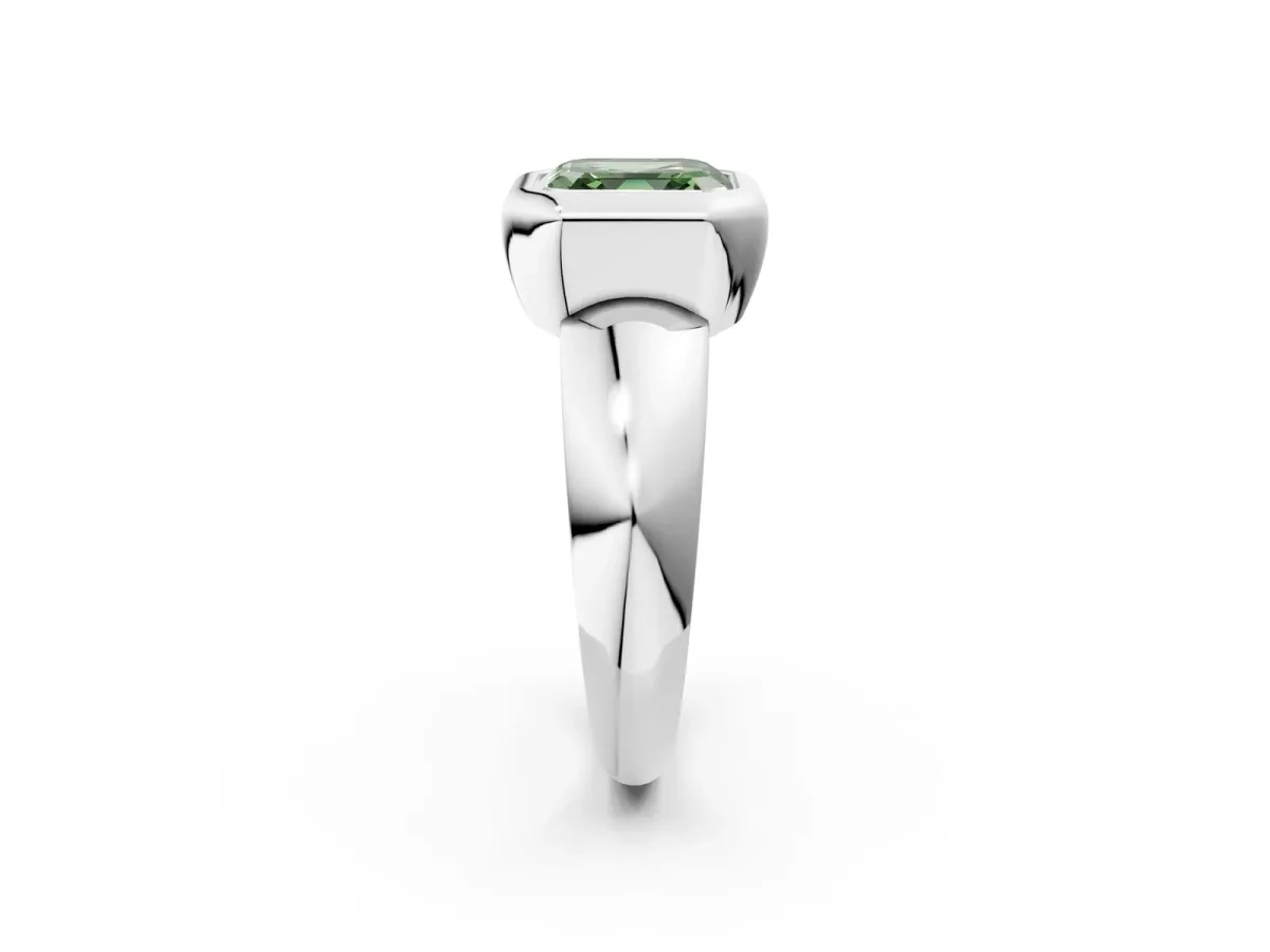 Fancy Green Bezel Set Asscher Cut Solitaire Ring with Wide Band Platinum