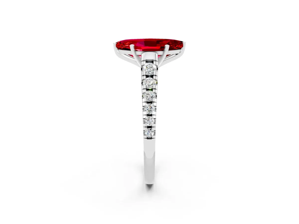 Marquise Cut Ruby Cathedral Solitaire Ring with Round Pavé Band Platinum