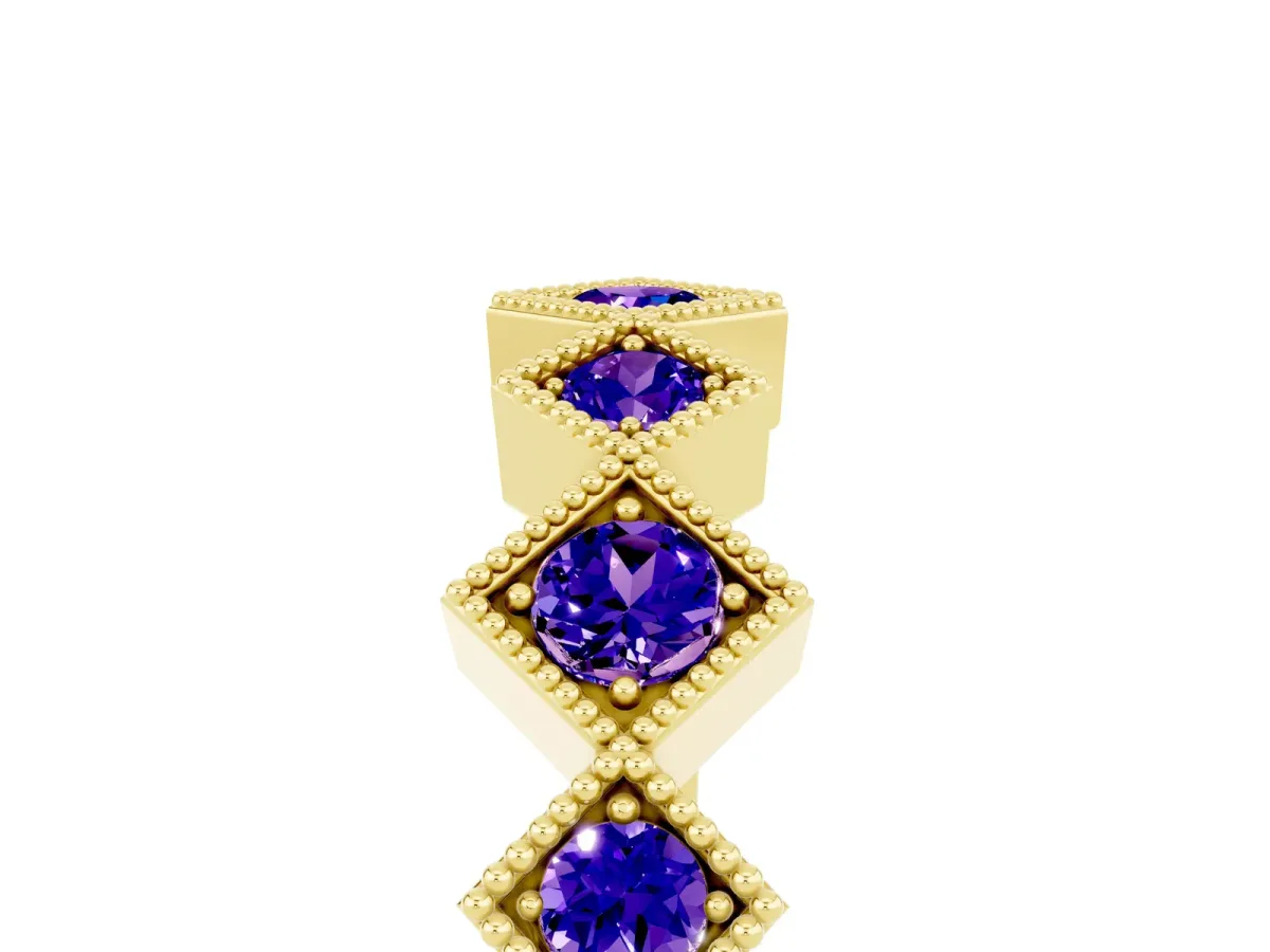 Milgrain Square Bezel Round Tanzanite Chevron Band Yellow gold