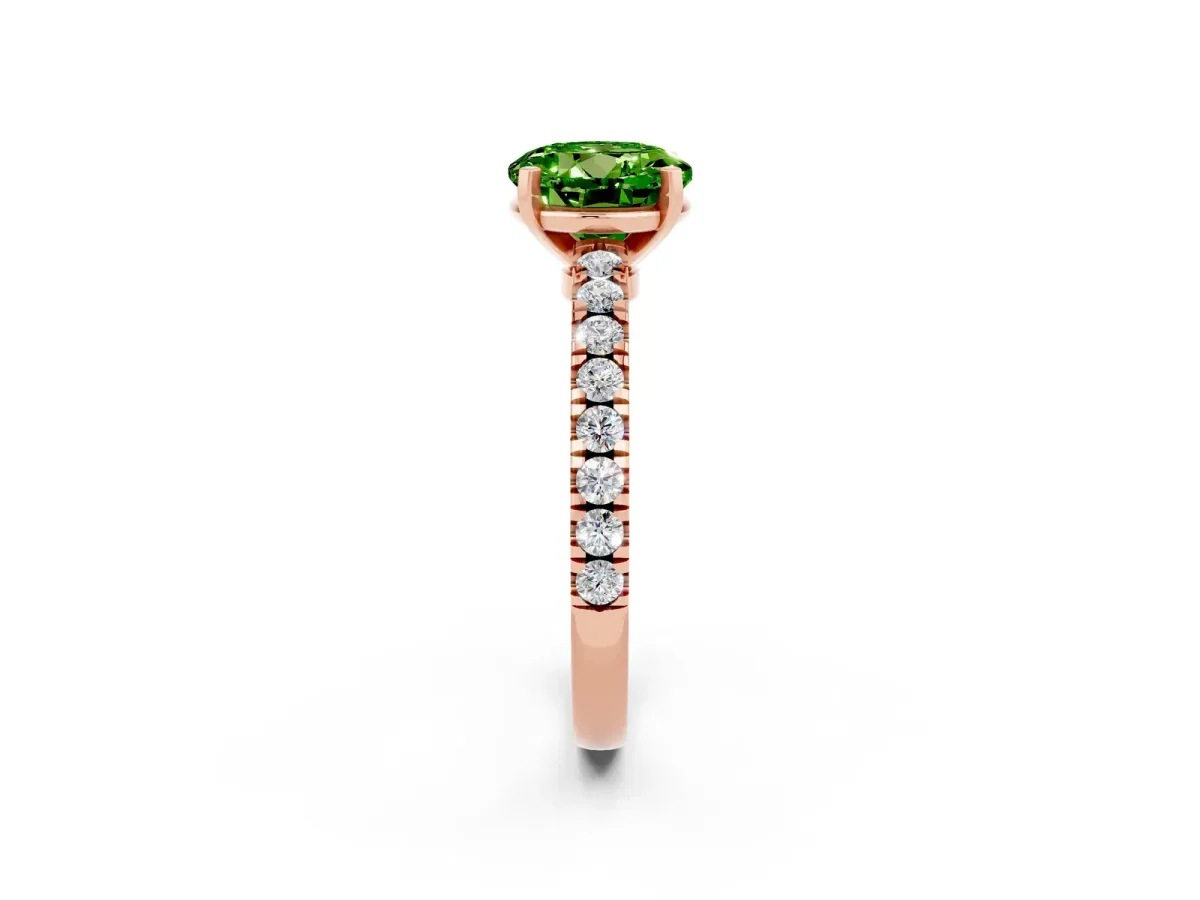 Round Cut Solitaire Peridot with Pavé Band and Four-Prong Setting Rose gold