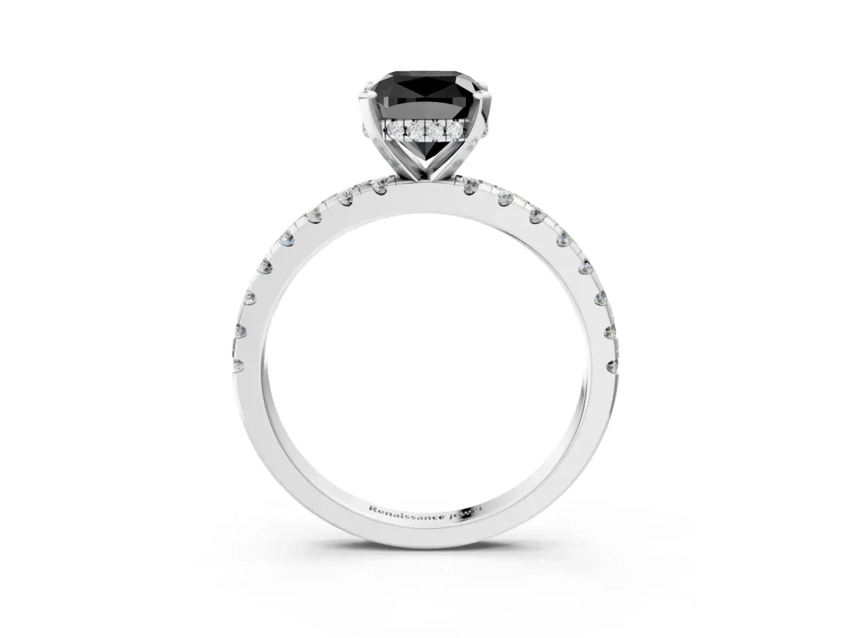 Fancy Black Cushion Cut Diamond Solitaire Ring with Round Pavé Band and Four-Prong Setting Silver