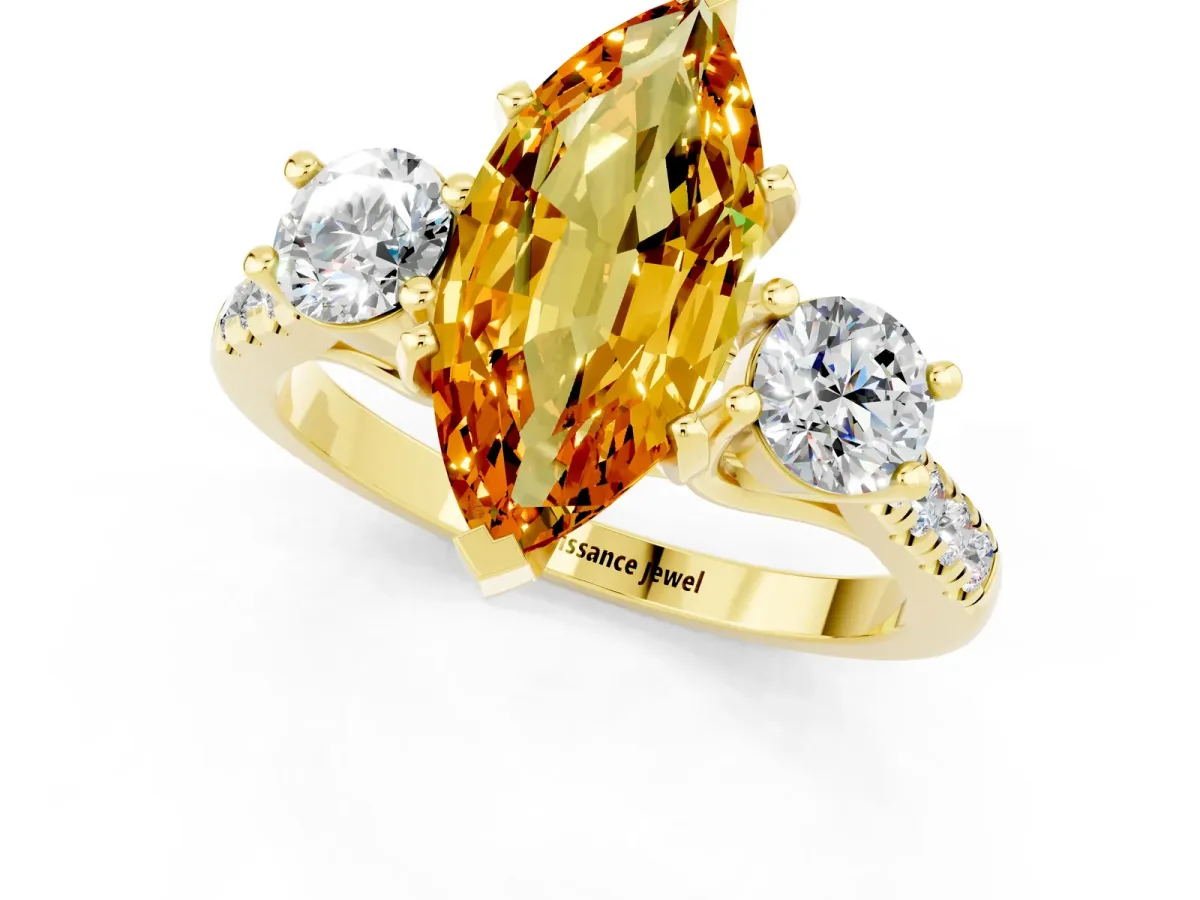 Three-Stone Marquise Cut Citrine Pavé Band with Four-Prong Setting Yellow gold