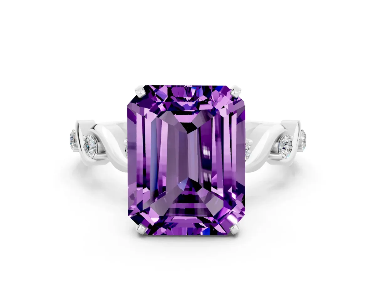 Emerald Cut Amethyst Solitaire Twisted Band with Round Accents and Prong Setting Silver