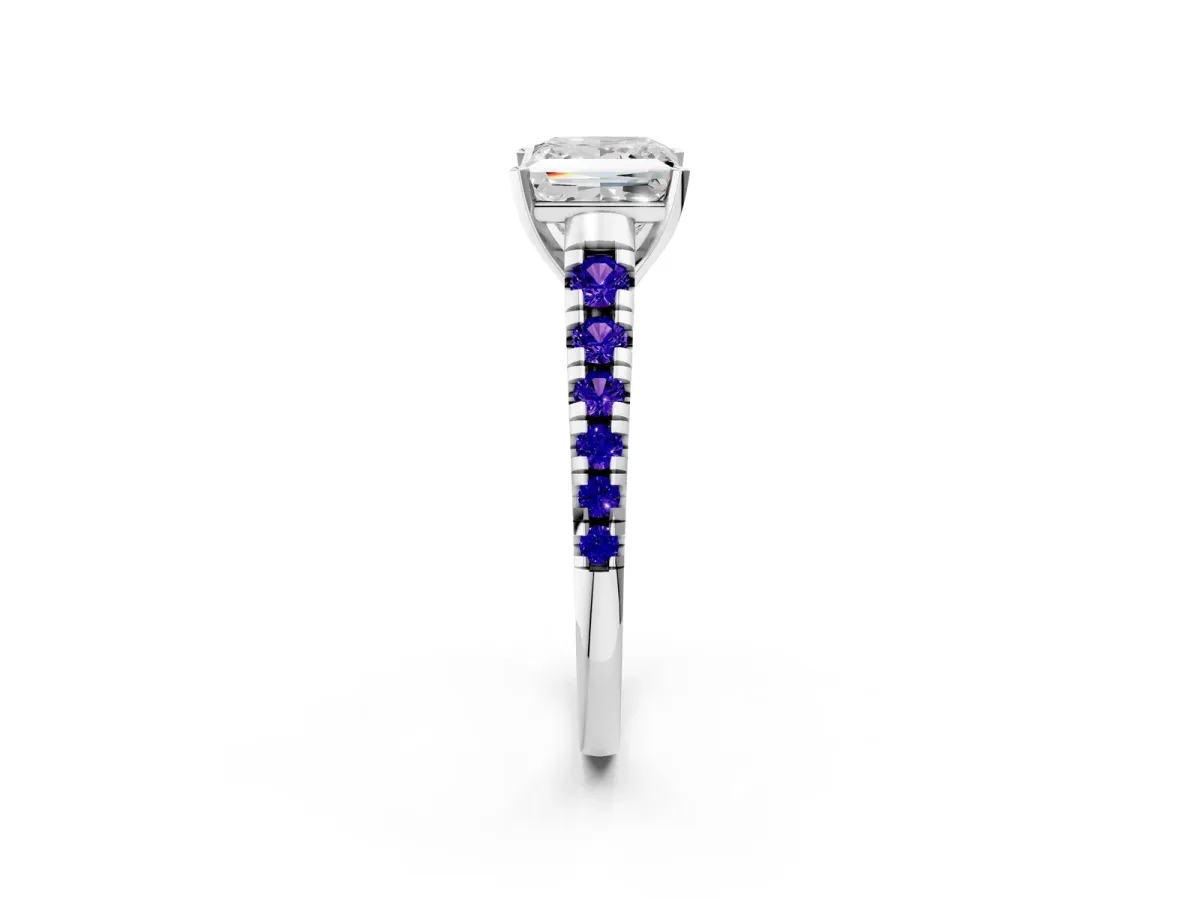 Princess Cut Diamond Cathedral Solitaire Ring with Round Tanzanite Pavé Band Silver