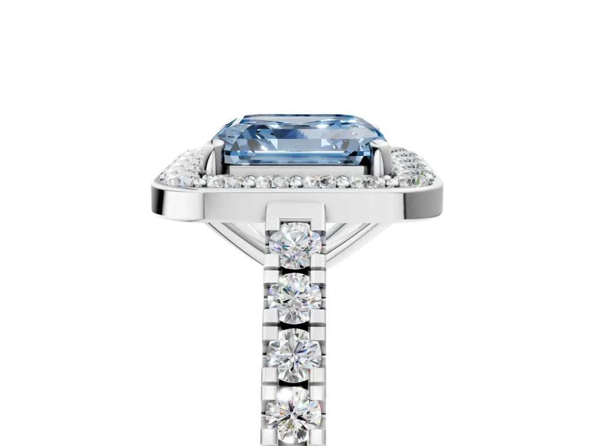 Fancy Blue Asscher Cut Diamond Halo Ring with Round Pavé Split Shank and Prong Setting Platinum