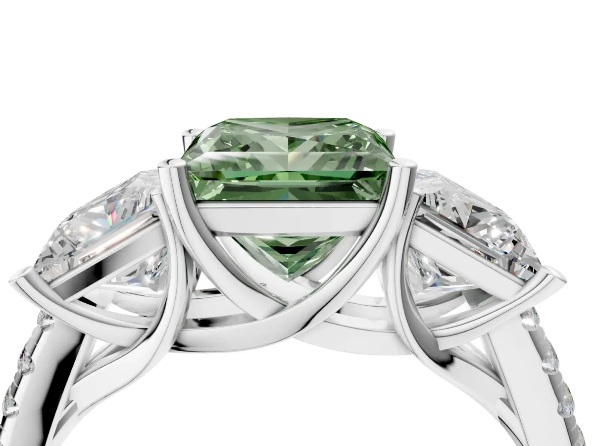 Fancy Green Three-Stone Princess Cut Diamond Ring with Round Pavé Band and Prong Setting Silver
