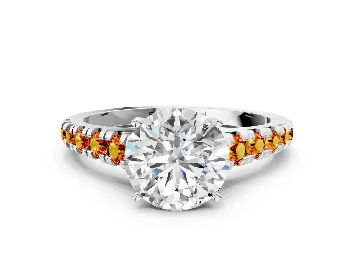 Round Cut Diamond Cathedral Solitaire Ring with Round Citrine Pavé Band Silver