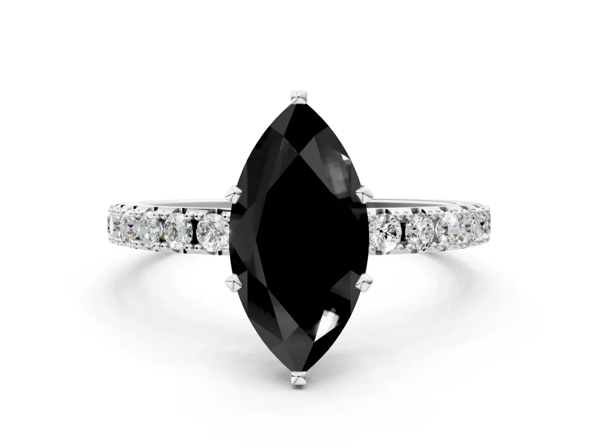 Fancy Black Marquise Cut Diamond Solitaire Pavé Band with Four-Prong Setting Silver
