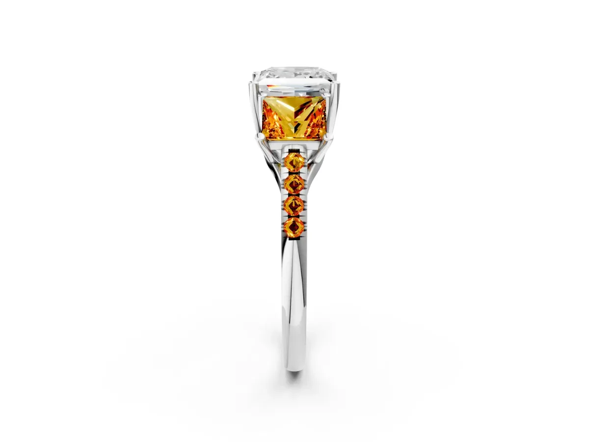 Three-Stone Princess Cut Diamond Ring with Round Citrine Pavé Band and Prong Setting Silver