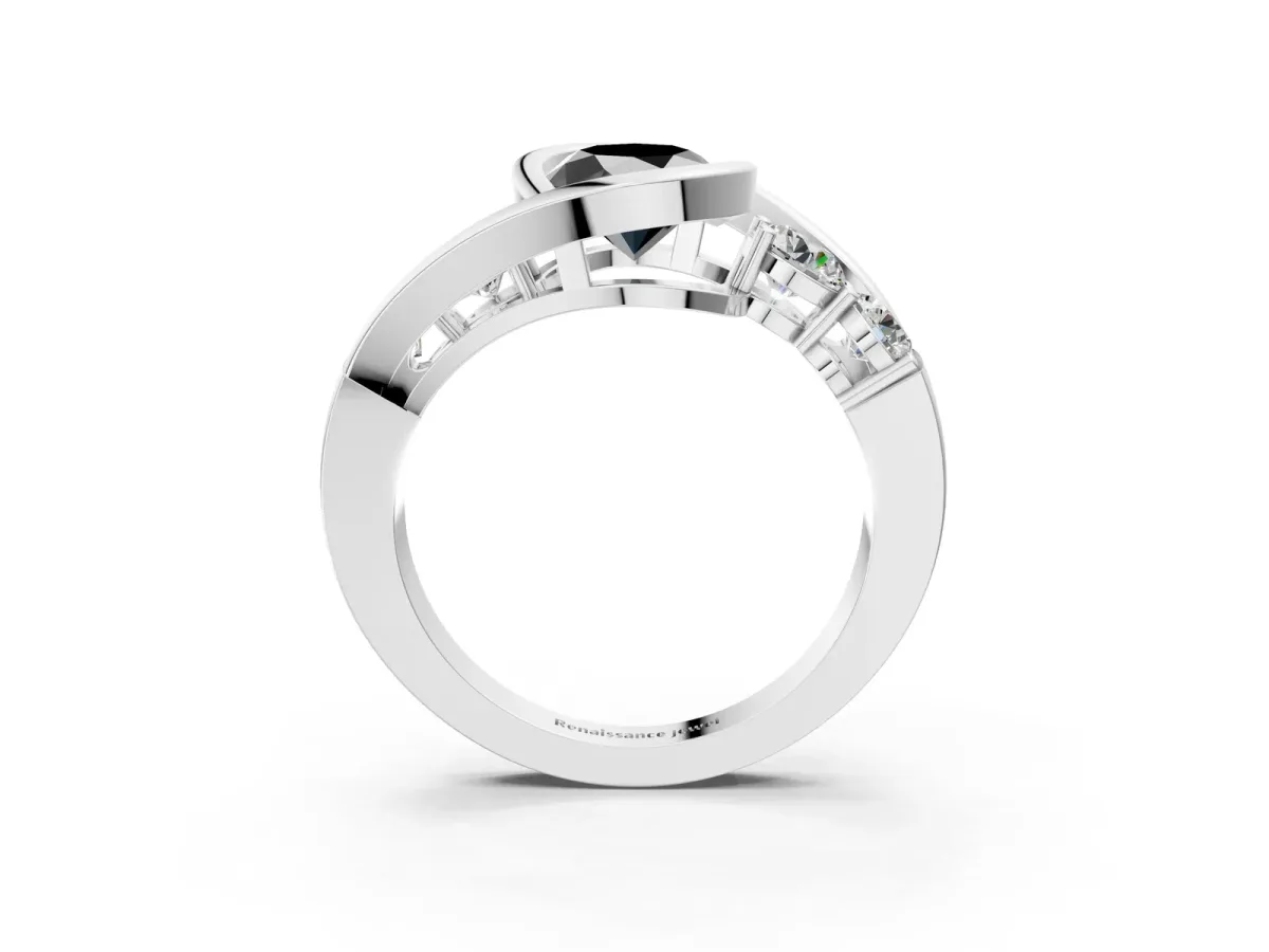 Fancy Black Bezel Set Oval Cut Diamond Bypass Ring with Round Accents Silver