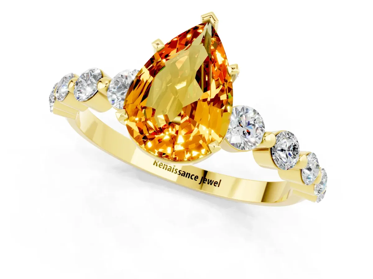 Pear Cut Solitaire Citrine Ring with Pave Band and Four-Prong Setting Yellow gold