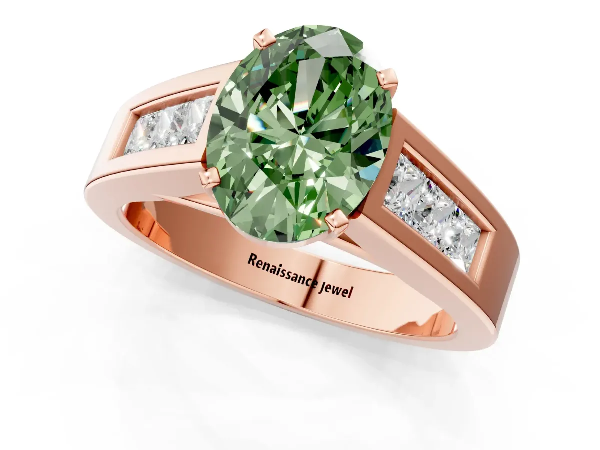 Fancy Green Oval Cut Cut Channel Set Solitaire Ring with Four-Prong Setting Rose gold