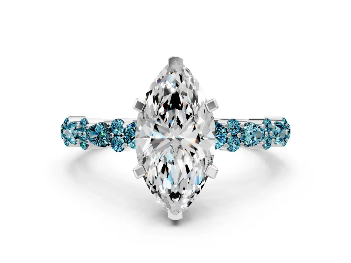 Marquise Cut Diamond Side Stone Solitaire Ring with Round Blue Topaz and Four-Prong Setting Silver
